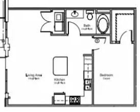 A floor plan of a small apartment with a living area, kitchen, and bedroom at East End Lofts at the Railyard Apartments, Texas